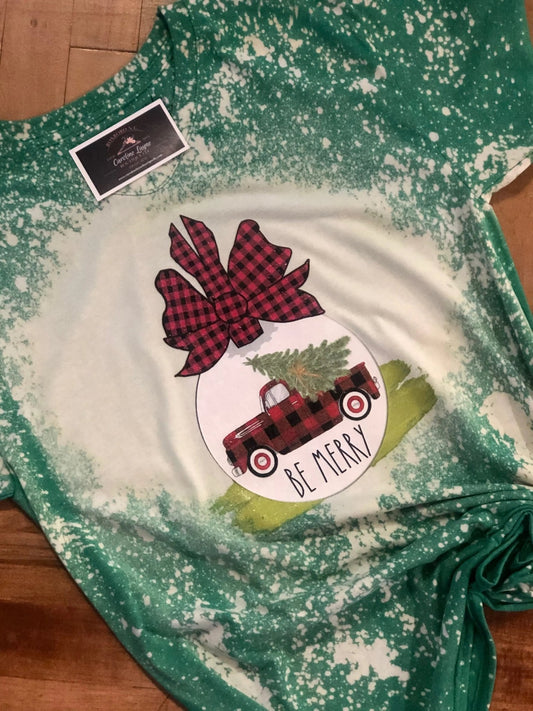 Be Merry Plaid Truck Ornament Bleached Tee - Caroline Layne Boutique LLC