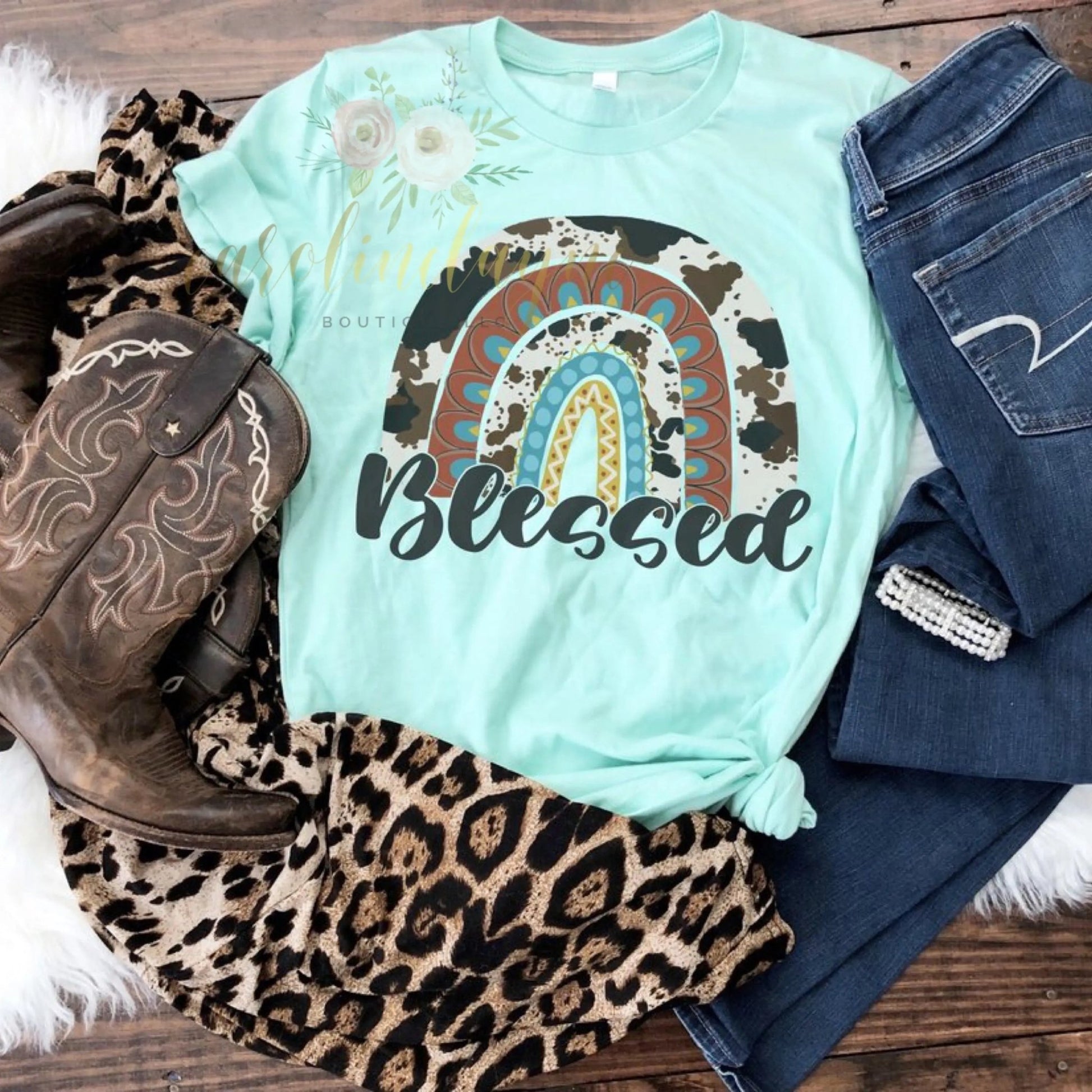 Blessed Cow Print Rainbow Tee - Caroline Layne Boutique LLC