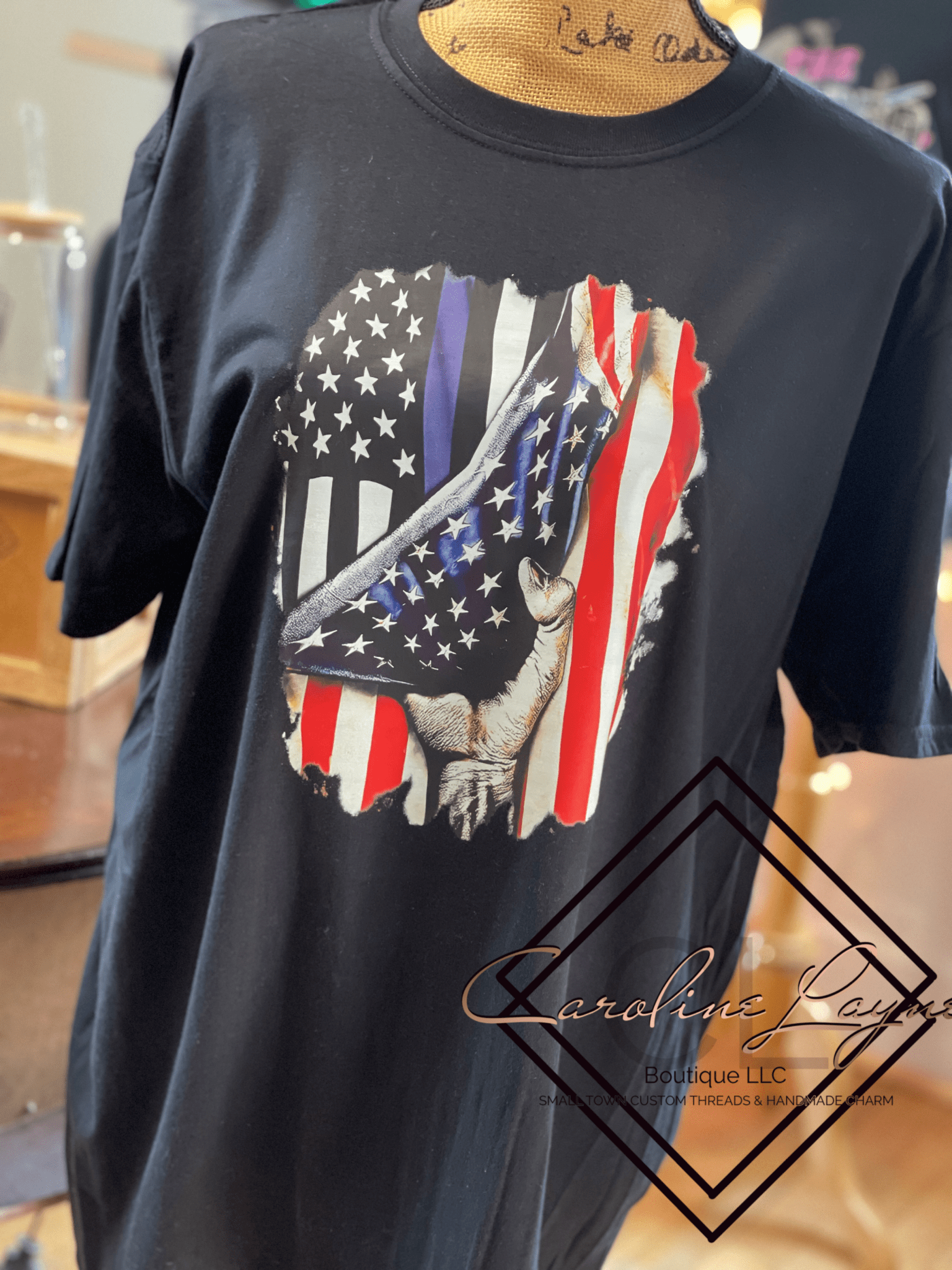 Blue line With American Flag Tee - Caroline Layne Boutique LLC