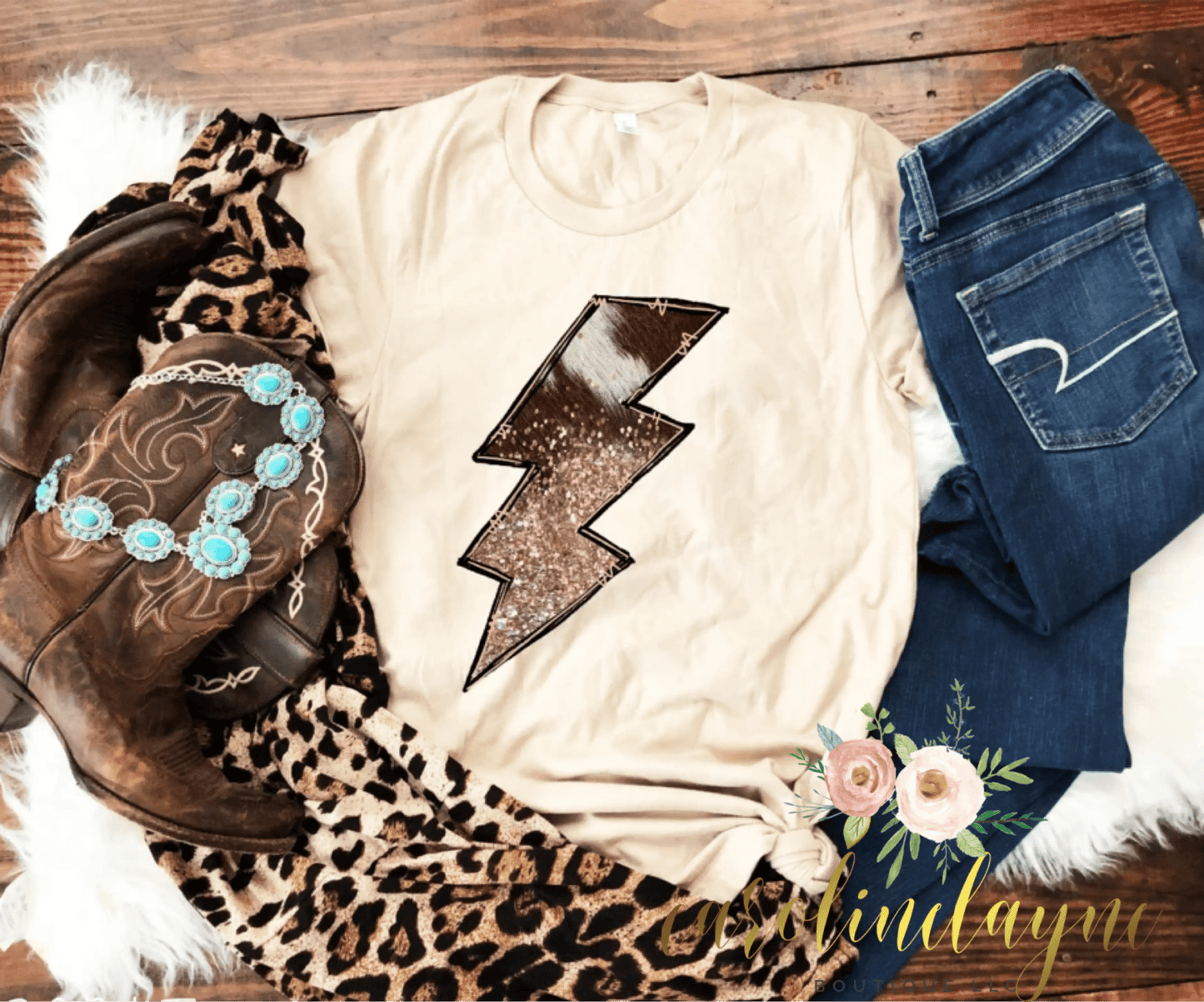 Cowhide lighting bolt Tee - Caroline Layne Boutique LLC