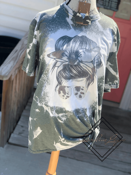 Cowhide Messy Bun Bleached Tee - Caroline Layne Boutique LLC