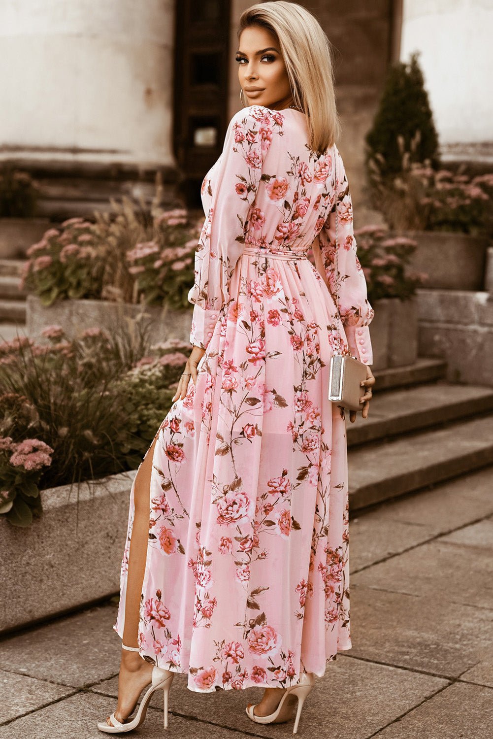 Floral Tie Belt Bishop Sleeve Slit Maxi Dress - Caroline Layne Boutique LLC