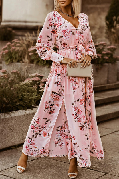 Floral Tie Belt Bishop Sleeve Slit Maxi Dress - Caroline Layne Boutique LLC