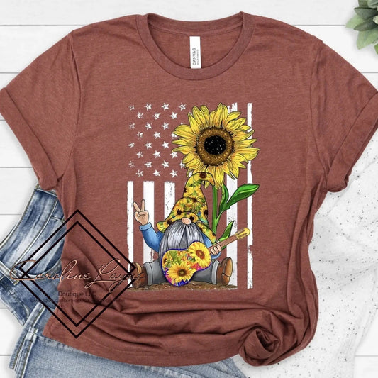 Gnome Sunflower American Flag Tee - Caroline Layne Boutique LLC