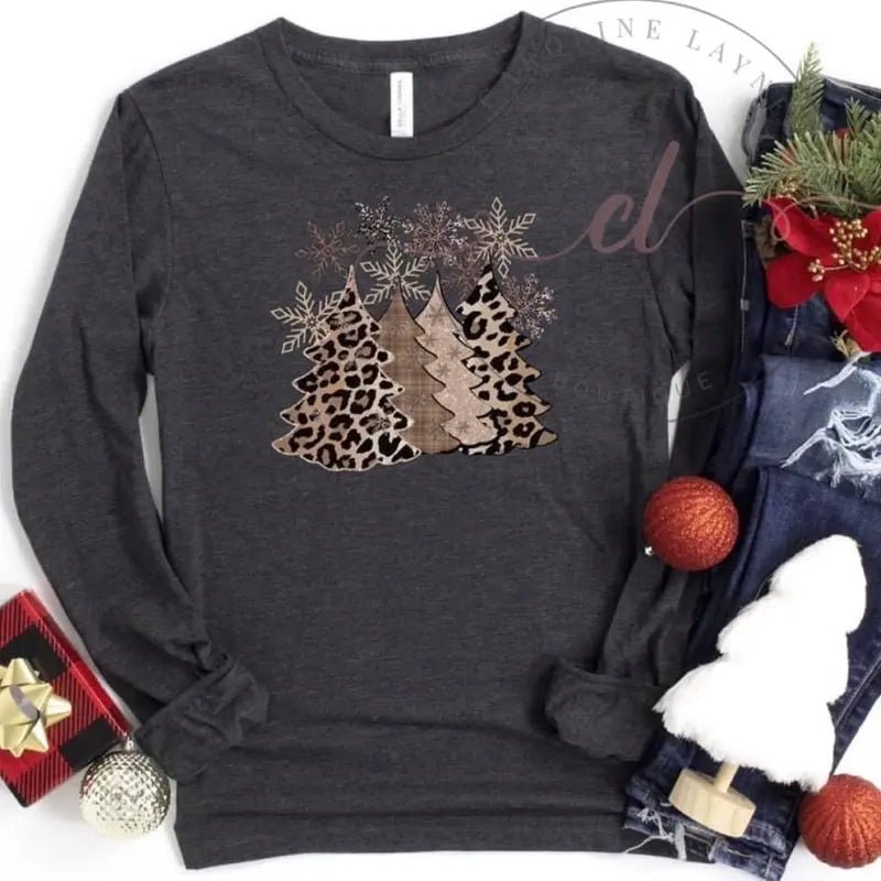 Leopard Gold Christmas Trees Long Sleeve - Caroline Layne Boutique LLC