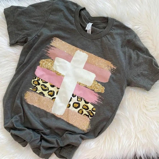 Leopard Pink Cross Tee - Caroline Layne Boutique LLC