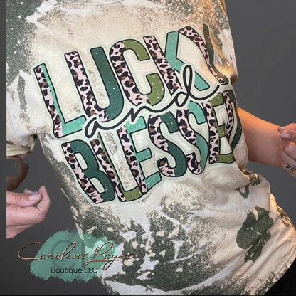 Lucky and blessed shamrock Bleached Tee - Caroline Layne Boutique LLC
