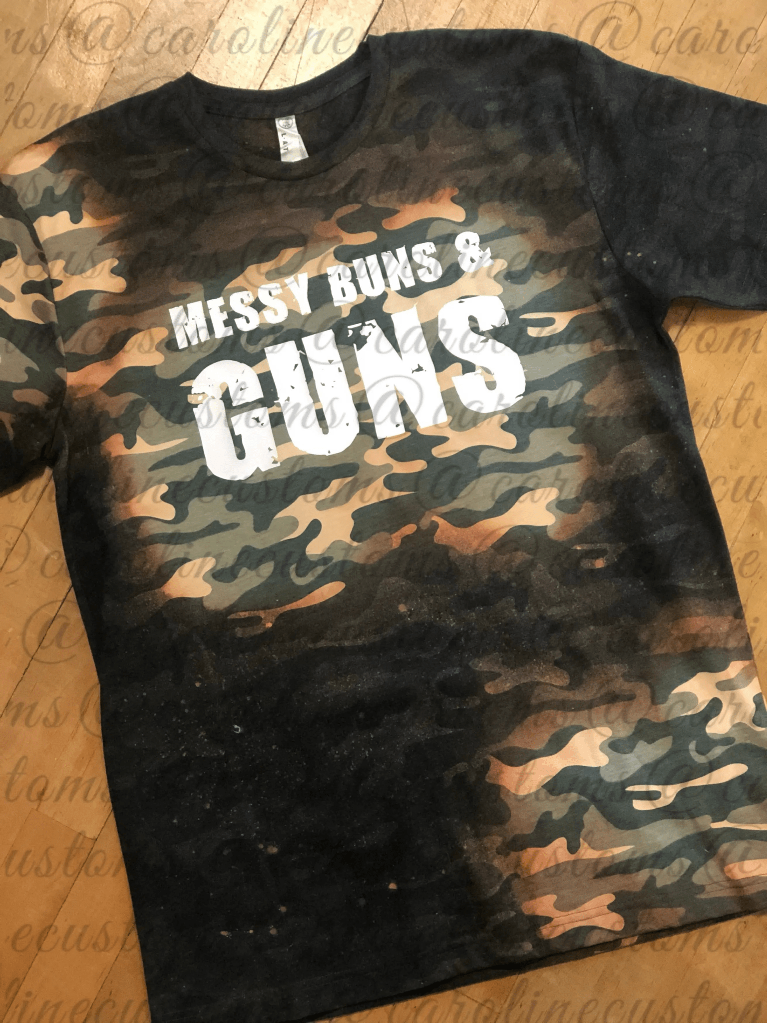 Messy Bun and guns Camo Bleached Tee - Caroline Layne Boutique LLC