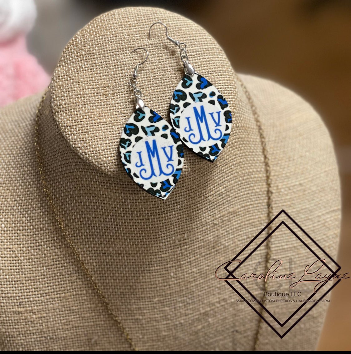 Monogrammed Blue Heart Leopard Leaf earrings - Caroline Layne Boutique LLC