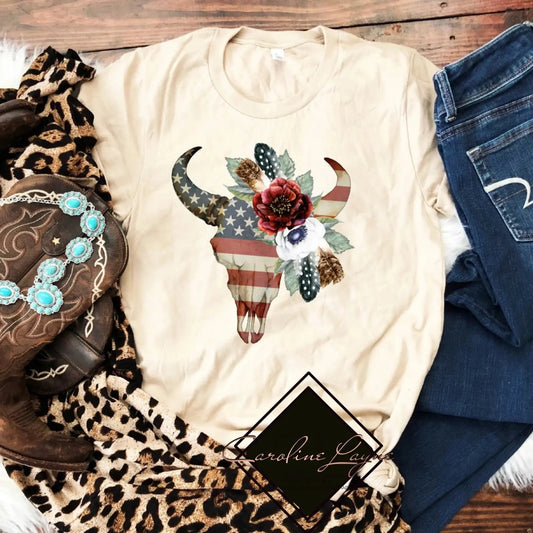 Patriotic Boho Bull Skull Tee - Caroline Layne Boutique LLC