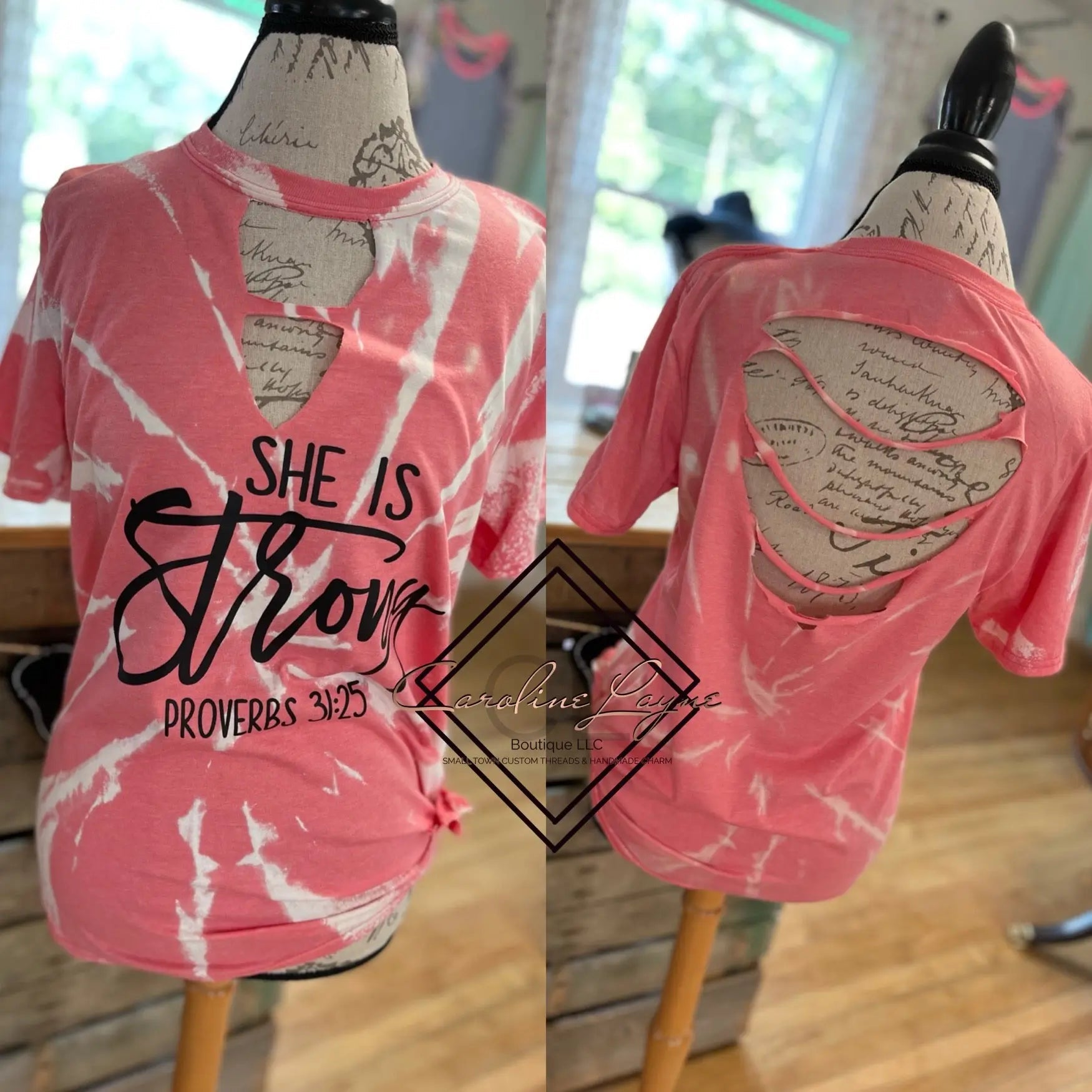 She Is Strong Bleached Cut Back Tee - Caroline Layne Boutique LLC