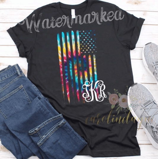 Tie Dye Monogrammed Flag Tee - Caroline Layne Boutique LLC